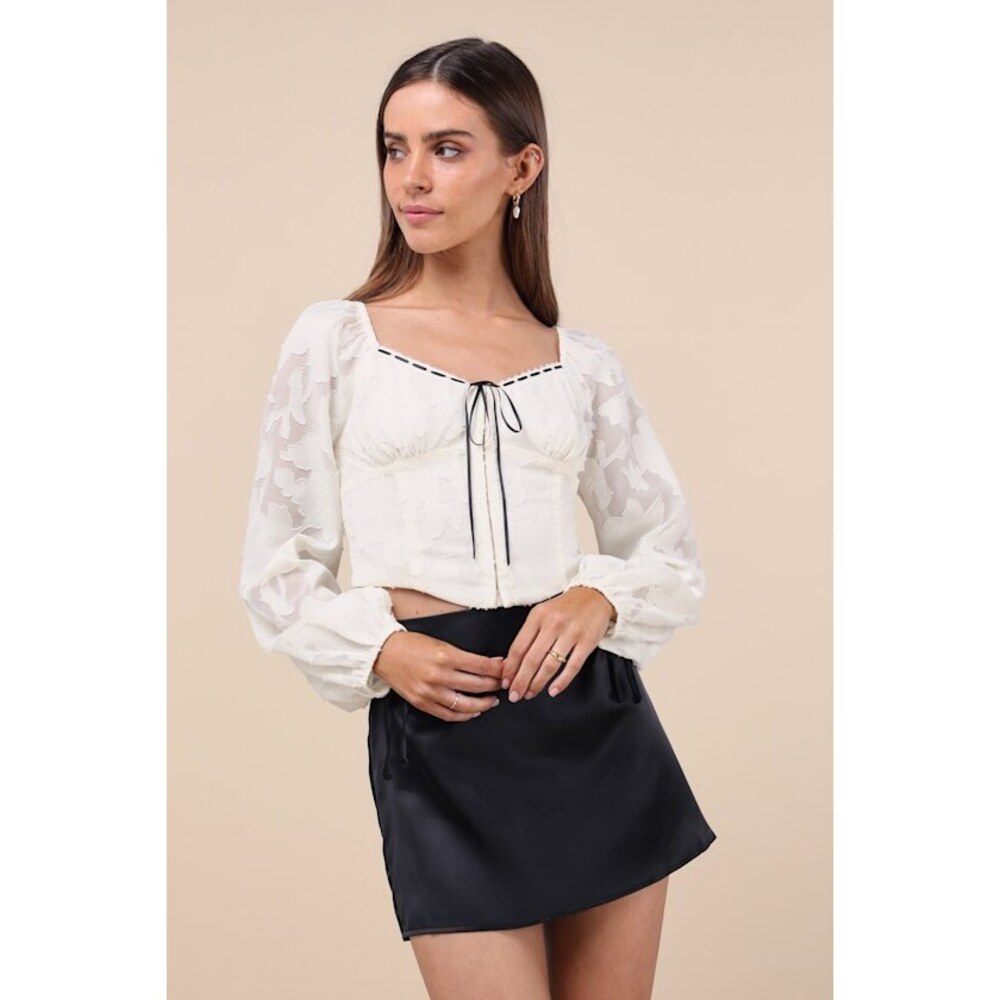 Lulus Flirtatious Outlook Ivory Burnout Ribbon Long Sleeve Bustier Top White